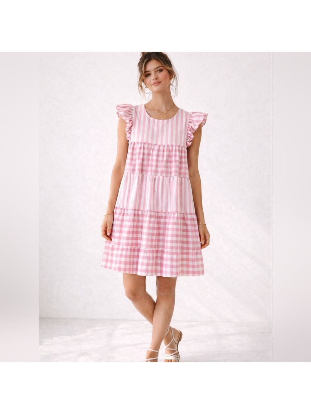 Entro Pink Mixed Stripe Gingham Tiered Flutter Sleeve Dress Small Romantic